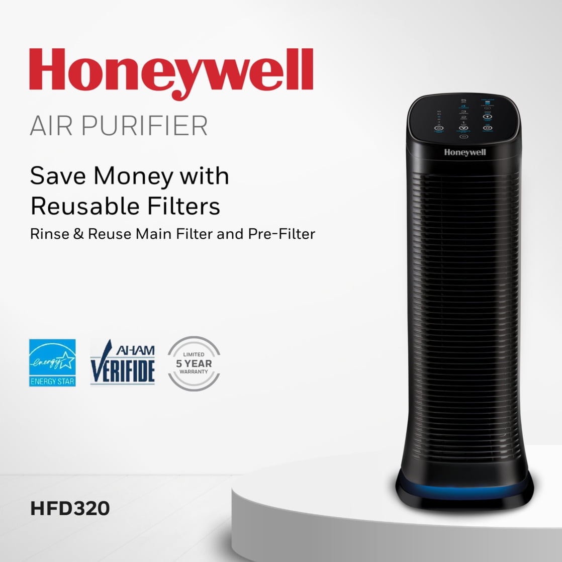 Home Air Purifier HFD320 – Permanent Washable Filter, 1208 Sqft, Reduces Dust, Pollen, Pet Dander, Smoke & Odors, Black